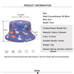 Size chart for dinosaur bucket hat showing 56-58cm circumference and cotton material