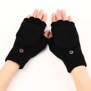 Detail of black striped convertible knitted fingerless gloves with functional flip top cover