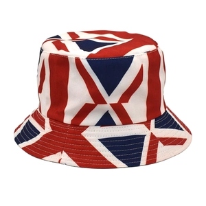 Detailed view of bucket hat featuring classic Union Jack pattern on white background