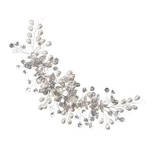 Handmade silver floral hair vine with pearls and crystals for wedding bridal accessory