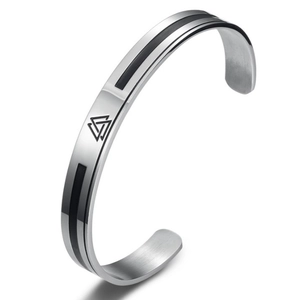 Minimalist silver Viking rune stainless steel C-shaped open bangle with black inlay logo