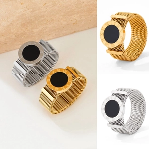 Stainless Steel Mesh Band Ring Roman Numerals Black Round Face Milanese Style Trendy Jewelry For Women