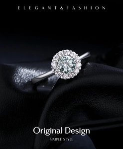 Macro shot of 925 sterling silver halo ring with moissanite on black leather