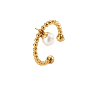 French retro gold beaded open ring with central white pearl for elegant women