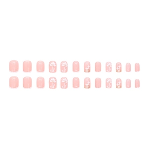 Faux ongles French manucure rose avec dégradé, fleurs blanches et paillettes étoiles