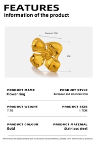 Detailed size view of the 18K gold-plated stainless steel oversized flower ring