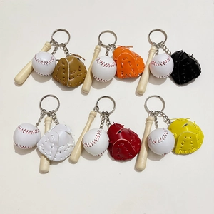 Mini baseball keychain set with wooden bat and colorful leather gloves in 6 colors