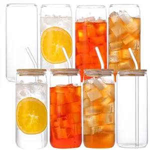 Dosenförmige Glasbecher mit Bambusdeckel und Glasstrohhalm für Eistee und Wasser