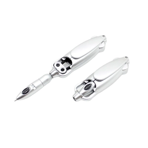 Silver novelty frog-shaped folding ballpoint pen shown in open and closed positions