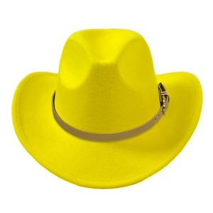 Detail of the bright yellow wool felt fedora featuring a light brown leather buckle strap