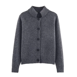 Women's dark gray knit cardigan with stand-up collar and ribbed edges in a loose fit