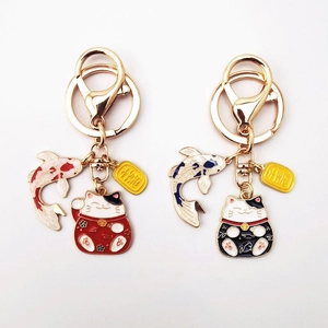 Japanese Lucky Cat And Koi Fish Keychain Zinc Alloy Enamel Bag Pendant Wealth Good Luck Charm Key Ring For Women Men Gift