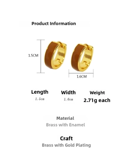 Detail view of gold-plated brass C-shaped hoop earrings with brown enamel finish and sizes