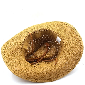 Ethnic hollow-out straw cowboy hat in ginger yellow with adjustable inner strap