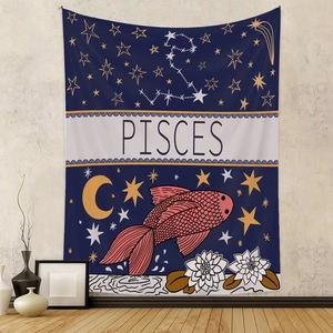 Detailed close-up of the Pisces tapestry featuring stars and a moon on a beige wall