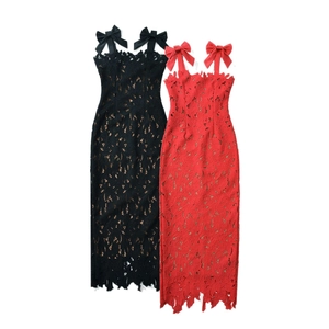 Elegant sleeveless lace midi dress in black and red with bow straps for women