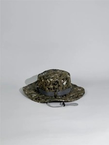 Detail of digital camo boonie hat featuring wide brim and adjustable grey chin strap