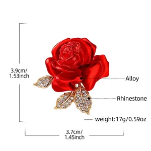 Elegant red rose brooch with gold alloy leaves and sparkling rhinestones for suits