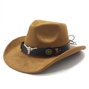 Western Cowboy Hat Faux Suede Fabric Wide Brim Vintage Retro Style Bull Head Metal Ornament Leather Band For Men Women
