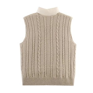 Detailed back view of a beige cable-knit vest with a padded stand-up collar design