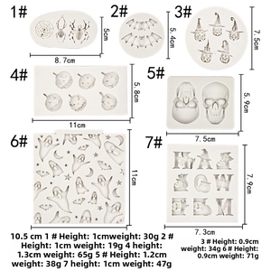 Detail showing 7 Halloween silicone molds dimensions for bat ghost and spider designs