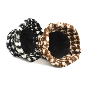 Plush houndstooth bucket hat with adjustable inner drawstring in black and brown colors