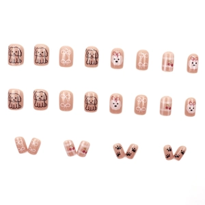 Short square press-on nails set with cute cartoon dog and cherry patterns on nude base