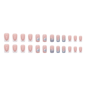 French tip press-on nails set with pink base, silver glitter and heart pattern designs