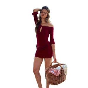 Sexy wine red bodycon mini dress with cutout chest and one-shoulder long sleeve design