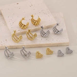 Stainless Steel Round Bead Earrings Geometric Heart Studs Minimalist C-Shaped Hoop Fashion Jewelry For Women