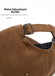 Detail of adjustable metal buckle and dark brown corduroy texture on baseball cap