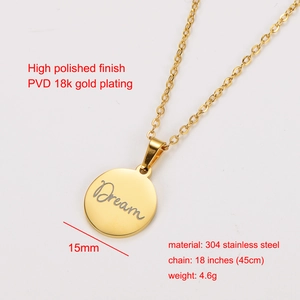Polished 18k gold plated stainless steel necklace with round 'Dream' engraved pendant