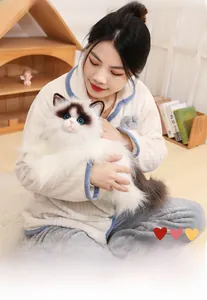 Close-up of fluffy ragdoll cat plush with realistic blue eyes held in arms