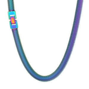 Rainbow gradient stainless steel flat snake chain necklace with folding clasp detail