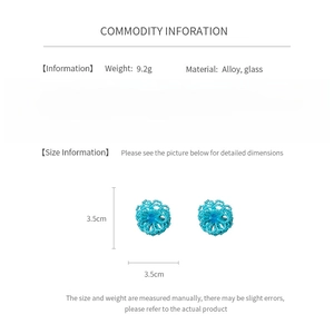 Detail showing bright blue beaded flower earring dimensions and alloy material specs