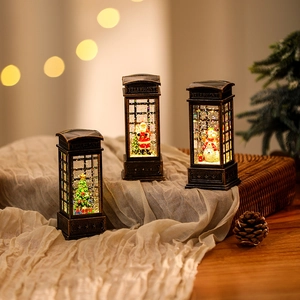 Vintage bronze telephone booth Christmas water lantern with LED light and Santa scenery