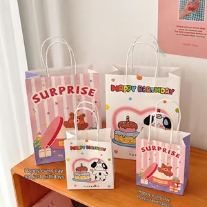 Cartoon birthday gift bags with cute bear and dog patterns in multiple sizes and colors