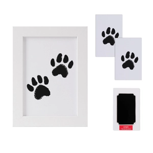 Pet paw print memorial kit with white photo frame and clean-touch ink pad set