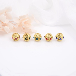 Hollow Round Bead Copper 18K Gold Plated Colored Cubic Zirconia For DIY Necklace Bracelet Making Jewelry Accessory