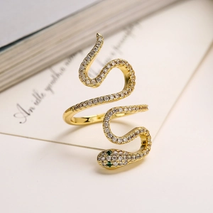 Luxurious 18K gold plated snake ring with sparkling white and green cubic zirconia