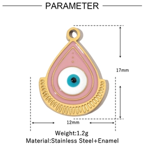 Pink enamel evil eye triangle pendant detail with 17mm height and 12mm width measurements