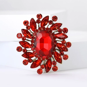 Exquisite luxury red rhinestone flower brooch in gold alloy finish for women party