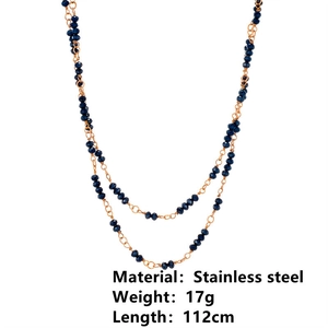Double-layer rose gold stainless steel necklace with dark blue faceted beads and 112cm chain
