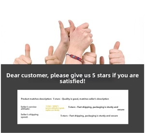 Customer service five-star rating request card featuring a colorful woven bracelet prop