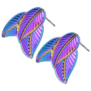 Detailed view of rainbow gradient leaf stud earrings in 304 stainless steel with fine texture