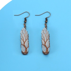 Detailed wire-wrapped tree of life design on crystal hexagonal prism drop earrings