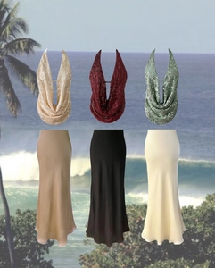 Détail de hauts licous à paillettes et jupes en satin en champagne et bordeaux