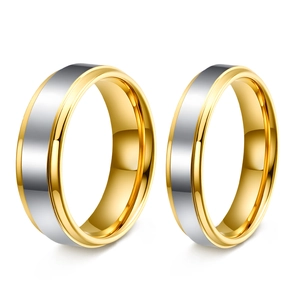 Two-tone silver and gold stainless steel couple rings with polished finish for men and women