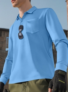 Detail of light blue quick-dry polo shirt featuring breathable mesh and chest pocket