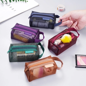 Portable Nylon Mesh Storage Bag Zipper Rectangular Pouch With Side Handle For Makeup Stationery Toiletries Travel Organizers